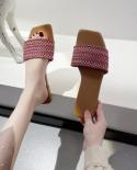 2023 novas mulheres dedo do pé quadrado plana sandálias de praia das mulheres casuais flip flops mulher tecer sapatos senhoras f