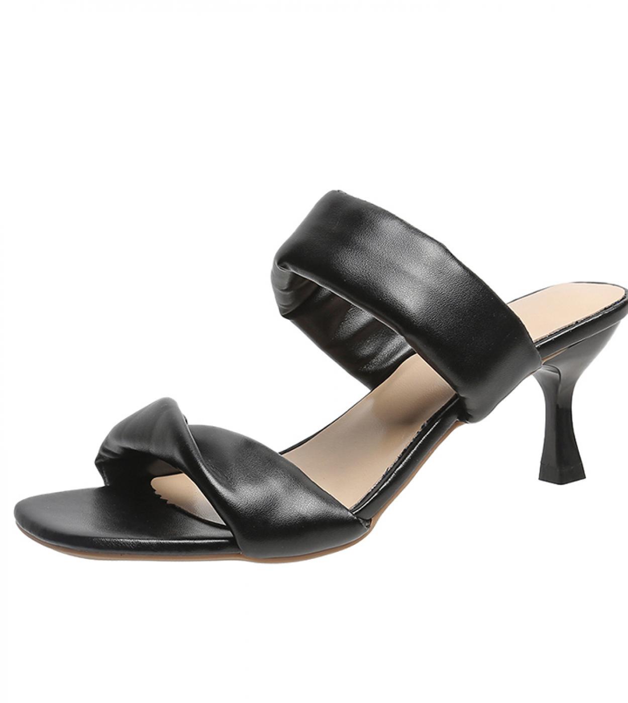 Slippers Women Genuine Pu Sandals Square Toe Thin Heel Slides High Heel  Ladies Footwear Summer Black 40