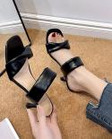 Slippers Women Genuine Pu Sandals Square Toe Thin Heel Slides High Heel  Ladies Footwear Summer Black 40