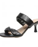 נעלי בית נשים אמיתיות pu סנדלי מרובע בוהן עקב דק מגלשות עקב גבוה נשים הנעלה קיץ שחור 40