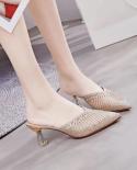 2022 New Hollow Breathable Mesh Woman Thin High Heels Slippers Summer Vintage Square Toe Mules Femme Shoes Pumps Sandals