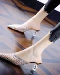 2022 New Hollow Breathable Mesh Woman Thin High Heels Slippers Summer Vintage Square Toe Mules Femme Shoes Pumps Sandals