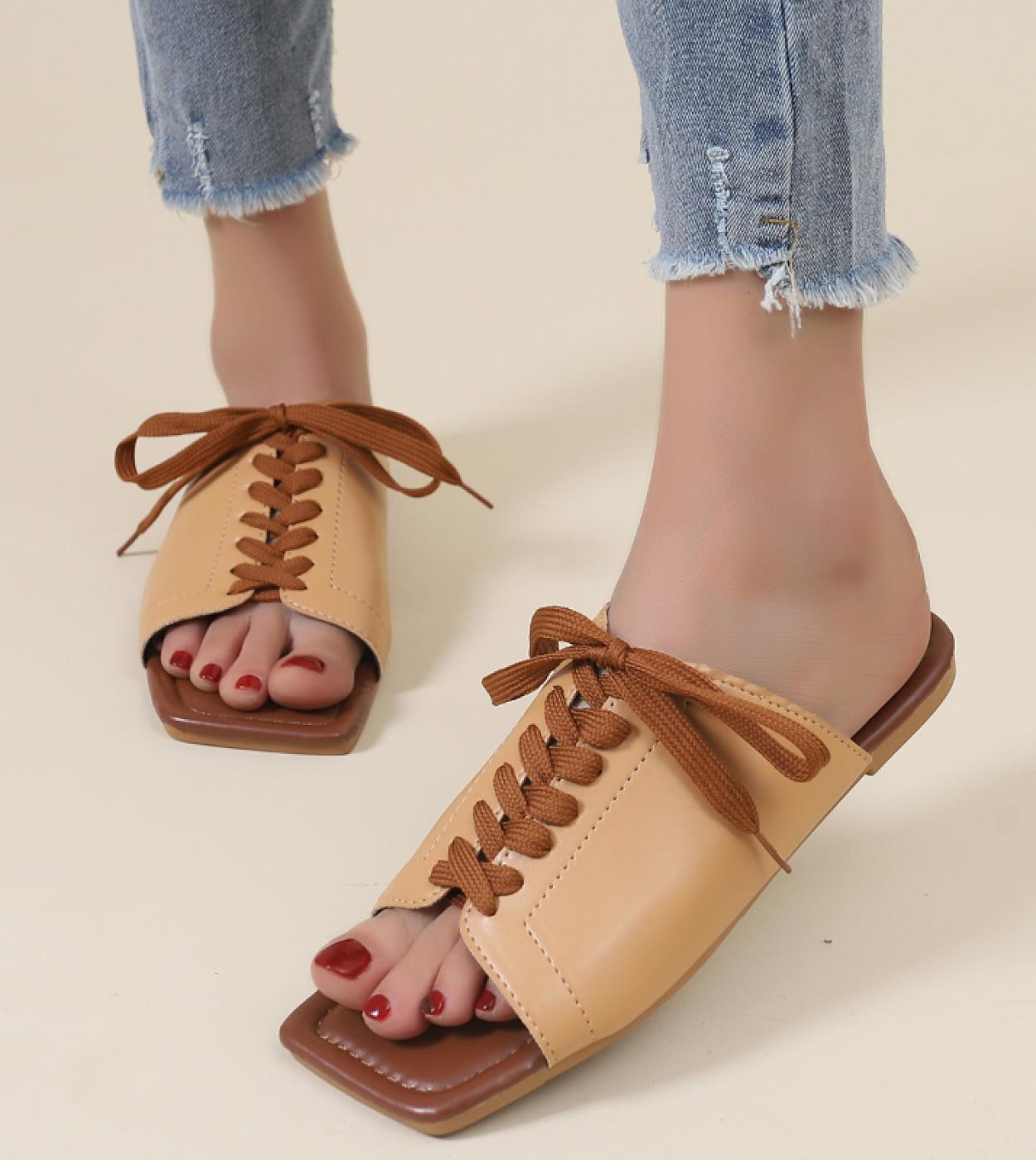2023 Summer Women Slippers Leather Modern Slides Outdoor Comfort Flat Peep Toe Sandals Slippers Design Lace Up Slippers