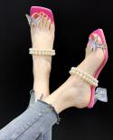 2022 Pearl Transparent Oneline Chunky Heel Sandals Middle Heel Butterfly Beaded Womens Slippers Outer Womens Shoes  Wo