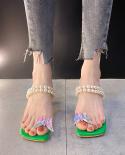 2022 Pearl Transparent Oneline Chunky Heel Sandals Middle Heel Butterfly Beaded Womens Slippers Outer Womens Shoes  Wo