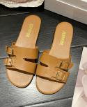2023 Summer Solid Color Fashion Lightweight Slip On Square Root Round Toe Simple Buckle Versatile Ladies Flat Slippers
