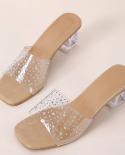 2022 Fashion Pvc Transparent Rhinestone Slippers Women  High Heels Square Toe Ladies Shoes Shallow Sandals Slippers Wome