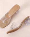 2022 Fashion Pvc Transparent Rhinestone Slippers Women  High Heels Square Toe Ladies Shoes Shallow Sandals Slippers Wome