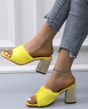 Big Size Summer Women Slides High Square Block Heel Slippers Yellow Hairy Casual Peep Toe Outdoor Slipon Lady Sandals  W