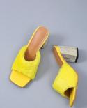 Big Size Summer Women Slides High Square Block Heel Slippers Yellow Hairy Casual Peep Toe Outdoor Slipon Lady Sandals  W