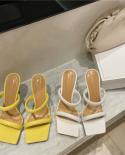 2022 New Summer Yellow White Thin Heels Slippers Sandals Women Square Toe Mules Slippers Beach Leisure Slides  Womens S