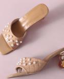 2022 New Ladies Fashion Plaid Pearl Sandals Slippers Solid Color Shaped Heels Outdoor All Match High Heels Ladies Sandal