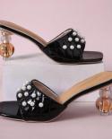 2022 New Ladies Fashion Plaid Pearl Sandals Slippers Solid Color Shaped Heels Outdoor All Match High Heels Ladies Sandal