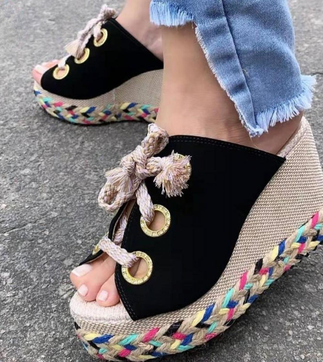 Ladies Slippers Summer 2022 Platform Wedge Mid Heels Lace Up Open Toe Fashion Slippers Beach Outdoor Ladies Shoes Zapato