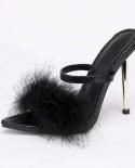 Plush Slippers Snake Like One Strap High Heels Stiletto Metal Decor Women Shoes Summer Pointed Toe Party Shoes 