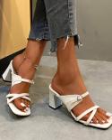2022 Summer New Highheeled Sandal Square Toe Chunky Heels Fashion Party Ladies Plussize Shoes With Lace Green Slippers 