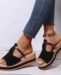 Summer Womens Shoes Sandals Word Wedge Slippers Striped Color Matching Beach Sandals Holiday Seaside Travel Shoes Black