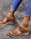 2022 Summer Women Casual Shoes Vintage Flower Fish Mouth Sandals Women Rhinestone Mid Heels Wedge Sandals Open Toes Larg