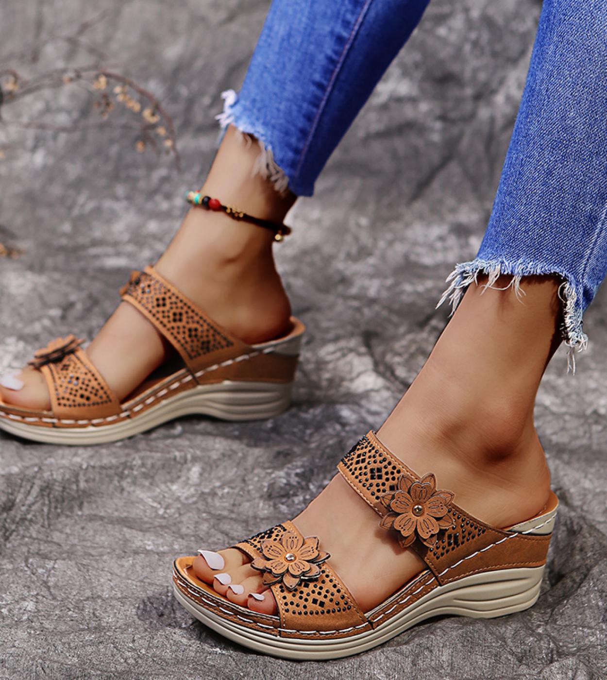 2022 Summer Women Casual Shoes Vintage Flower Fish Mouth Sandals Women Rhinestone Mid Heels Wedge Sandals Open Toes Larg