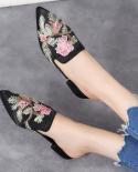 Pointed Toe Slippers Embroidery Shoes Women Square Heel Sandales Female Beach Big Slides Large Size 3442 Zapatos Para Mu