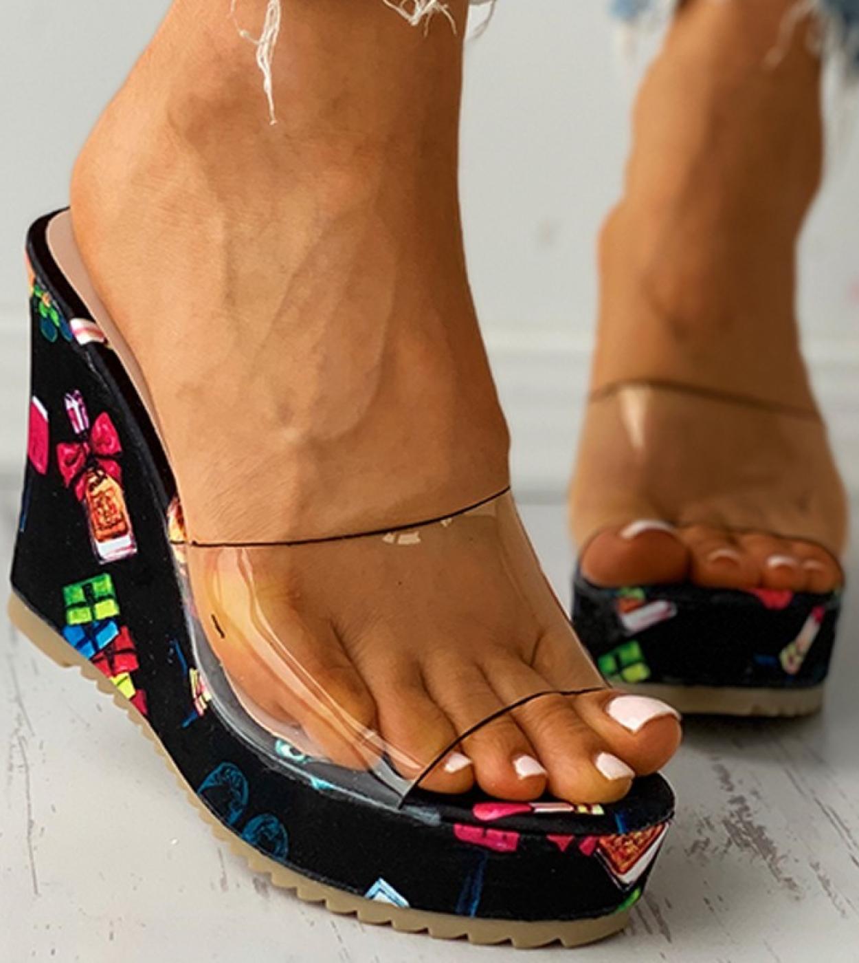 Women Wedges Slippers High Heels Platform Casual Ladies Slides Summer Retro Transparent Floral Thicksole Slippers Ethnic