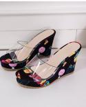 Women Wedges Slippers High Heels Platform Casual Ladies Slides Summer Retro Transparent Floral Thicksole Slippers Ethnic