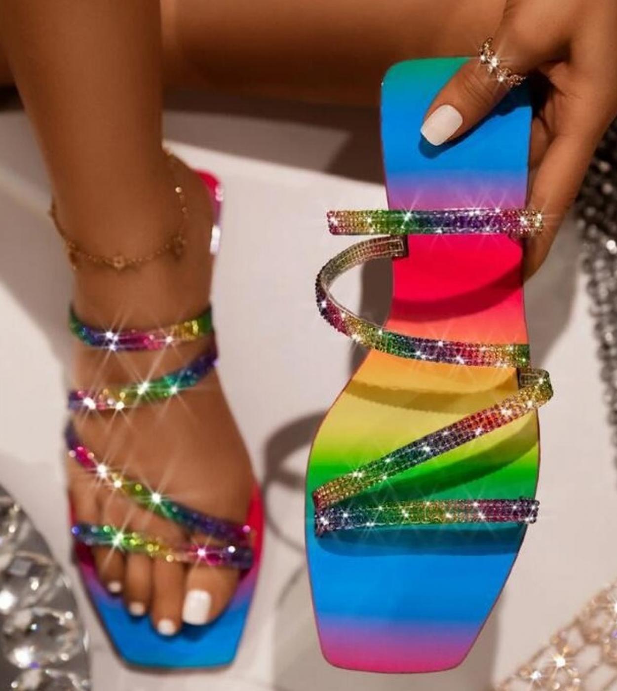 2022 Summer Explosion Models Rhinestone Rainbow Women Sandals Beautiful Female Slippers Outdoor Beach Shoes Fashion Flat