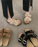 2022 New Summer Women Cork Slipper Casual Beach Double Buckle Non Slip Outside Nubuck Leather Slip On Slides Shoe