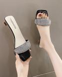 Senhoras sapatos para mulheres sandálias 2022 moda strass festa de salto alto dedo do pé quadrado slides mulher bombas sapatos f