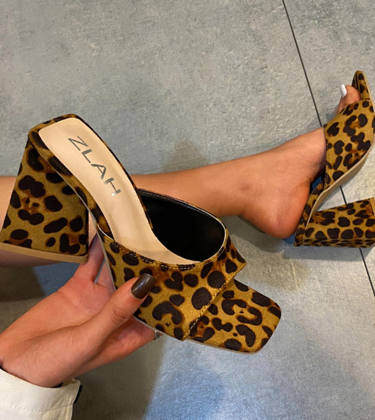 Triangle Thick Heels Slippers Women 2022 Summer Fashion Square Toe Leopard Sandals Woman Street  Party Shoes Plus Size 3