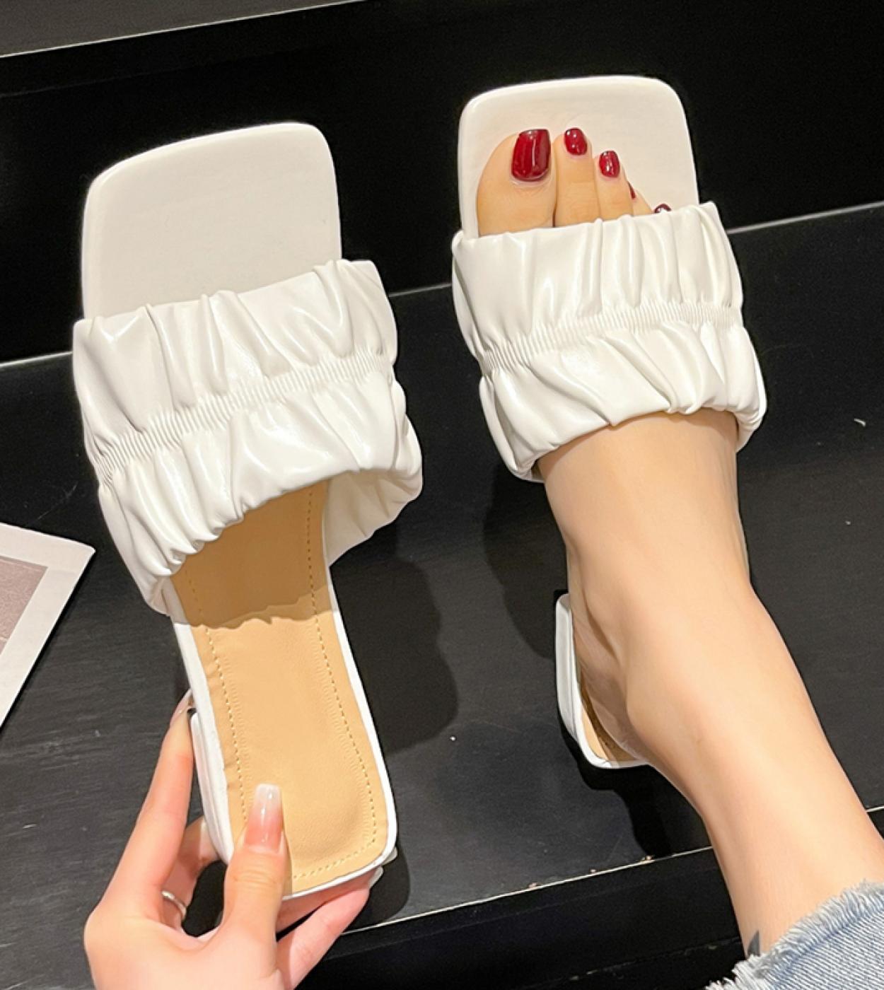 Fashion Pleated Low Heels Slippers For Women Summer 2023 Solid Color Square Toe Sandals Woman Light Non Slip Beach Slide