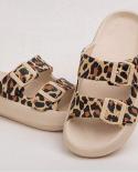 Leopard Soft Sole Pillow Slides For Women Summer 2023 Double Buckle Thick Platform Slippers Woman Flat Heels Non Slip Fl