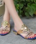 Bohemia Style Shiny Rhinestone Slippers Women Open Toe Glitter Middle Heels Sandals Ladies 2023 Summer Fashion Beach Sho