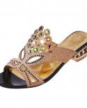 Bohemia Style Shiny Rhinestone Slippers Women Open Toe Glitter Middle Heels Sandals Ladies 2023 Summer Fashion Beach Sho