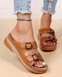 Fashion Double Buckle Wedge Slippers Women Summer 2023 Brown Pu Leather Platform Sandals Woman Casual Non Slip Beach Fli