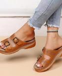 Fashion Double Buckle Wedge Slippers Women Summer 2023 Brown Pu Leather Platform Sandals Woman Casual Non Slip Beach Fli