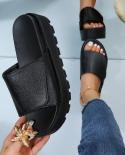Leather Slippers Woman Platform  Black Platform Sandals Women  Black Pu Leather  
