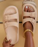 Soft Sole Pillow Slippers For Women Double Buckle Thick Platform Cloud Slides Sandals Woman Summer Beach Non Slip Flip F