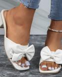 Fashion White Bowknot Slippers Women Summer 2023 Square Toe Slip On Sandals Woman Comfortable Low Heel Slides Sandalias 