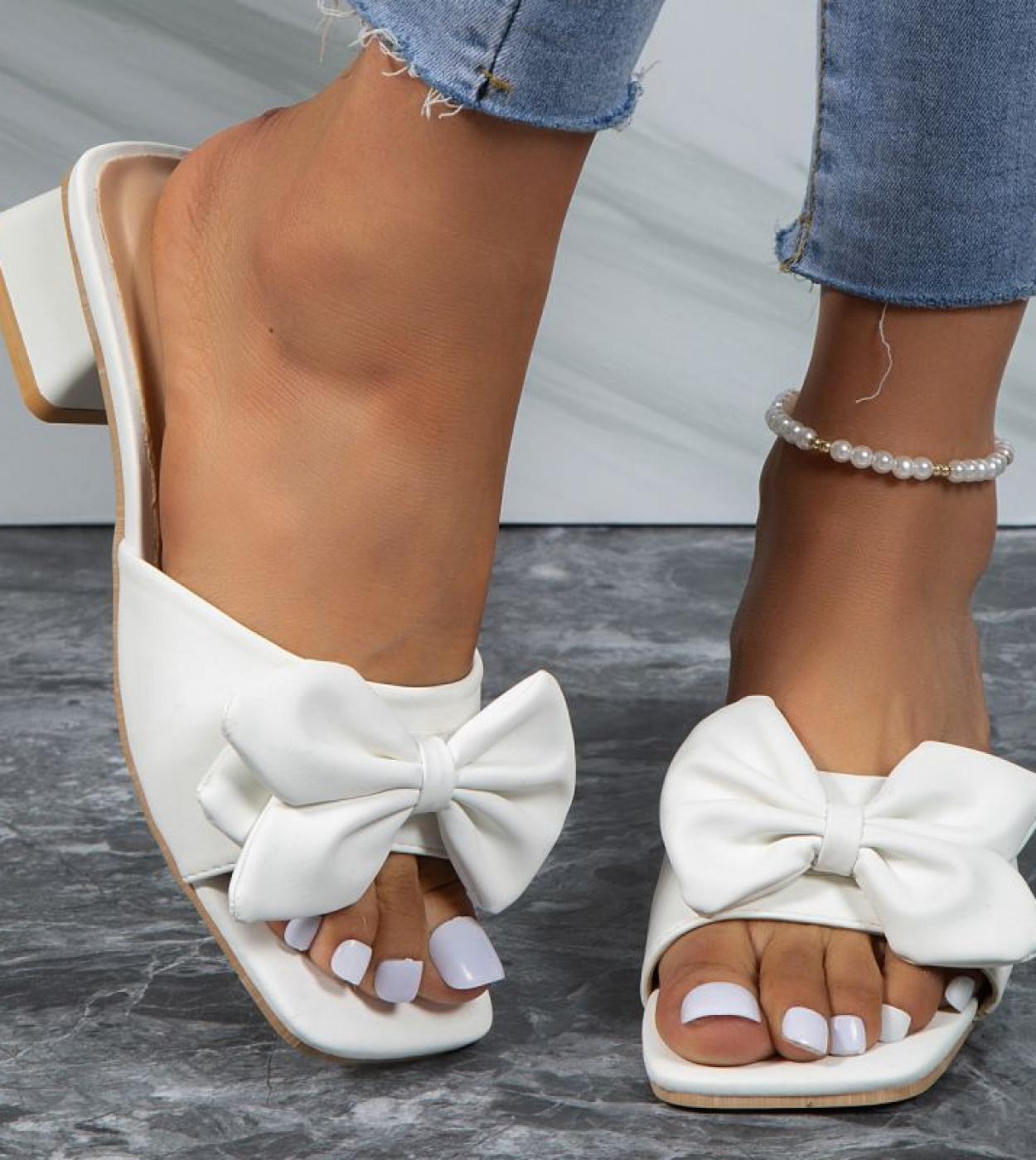 Fashion White Bowknot Slippers Women Summer 2023 Square Toe Slip On Sandals Woman Comfortable Low Heel Slides Sandalias 