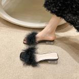 New Summer Fluffy Peep Toe  High Heels Women Shoes Fur Feather Lady Fashion Wedding Slip On Pink Square Toe Women Sandal
