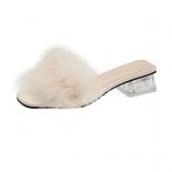 New Summer Fluffy Peep Toe  High Heels Women Shoes Fur Feather Lady Fashion Wedding Slip On Pink Square Toe Women Sandal