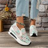 Gigifox Platform Wedges Womens Sneakers Floral Embroidery Mesh Sneakers For Women Slip On Casual Comfy Heeled Shoes Wom