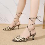 2023 New Ladies Pumps Shallow Leopard Thin High Heel Ankle Strap Pointed Toe Women Sandals Rhinestones  Summer Female Sh