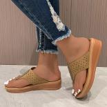 Summer Casual Sandals Solid Hollow Leather Flip Flops 2023 Hot Sale Women Wedge Platform Uni Sandals Casual Comfy Slippe