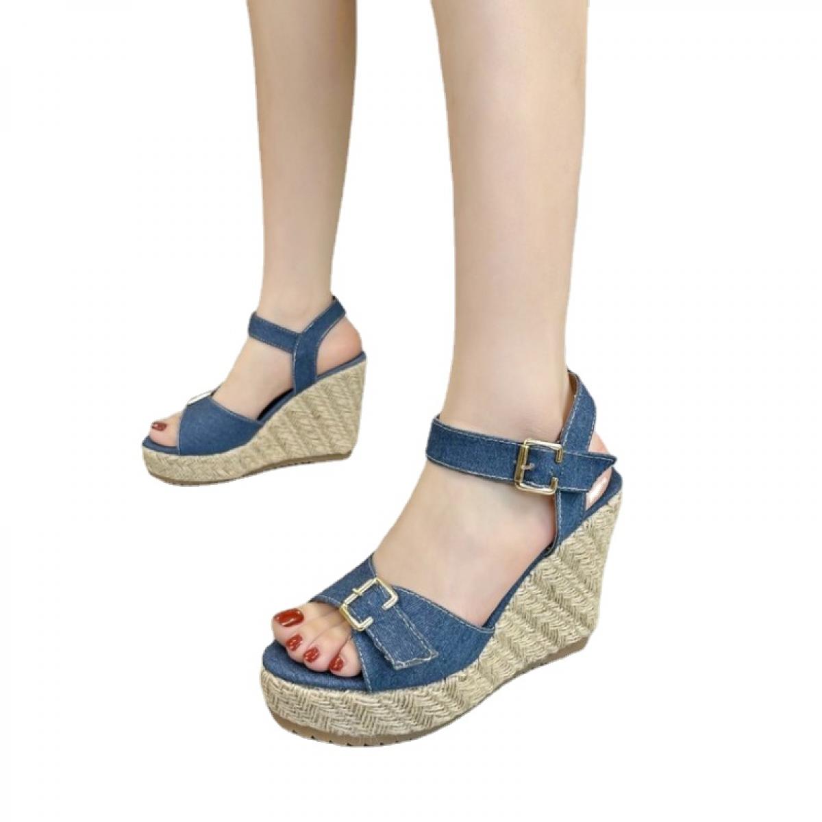 Ladies Esparddrilles Sandals Peep Toe Jute Wedges Denim Buckle Straps Plus Size 30 48 Black Blue Leisure Summer Womens S