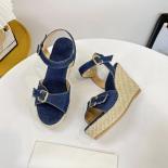 Ladies Esparddrilles Sandals Peep Toe Jute Wedges Denim Buckle Straps Plus Size 30 48 Black Blue Leisure Summer Womens S