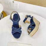 Blue Denim Block Heel Sandals Jeans Cloth Chunky Heel Platform Summer Dress Shoes Buckle Strap Color Patchwork Pumps