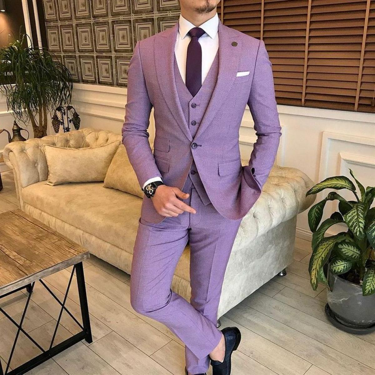 Linen Suit (jacket+pants+vest) Tailor Made  Slim Fit Purple 3 Piece Men Wedding Clothes Formal Party New Costume Homme M