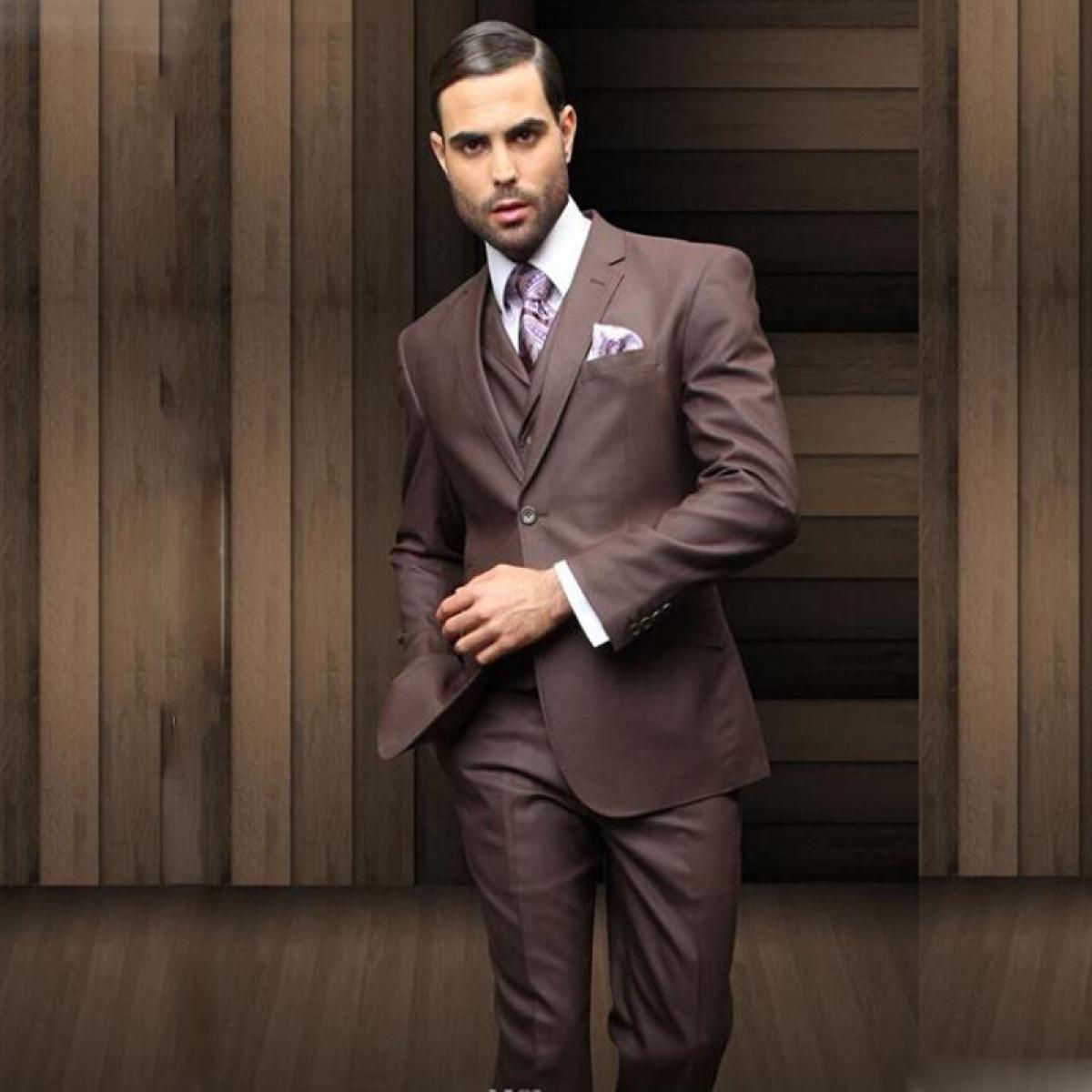 3 Pieces Brown Formal Men Suits Slim Fit Two Buttons Wedding Groom Tuxedos Notch Lapel Terno Masculino (jacket+pants+ves